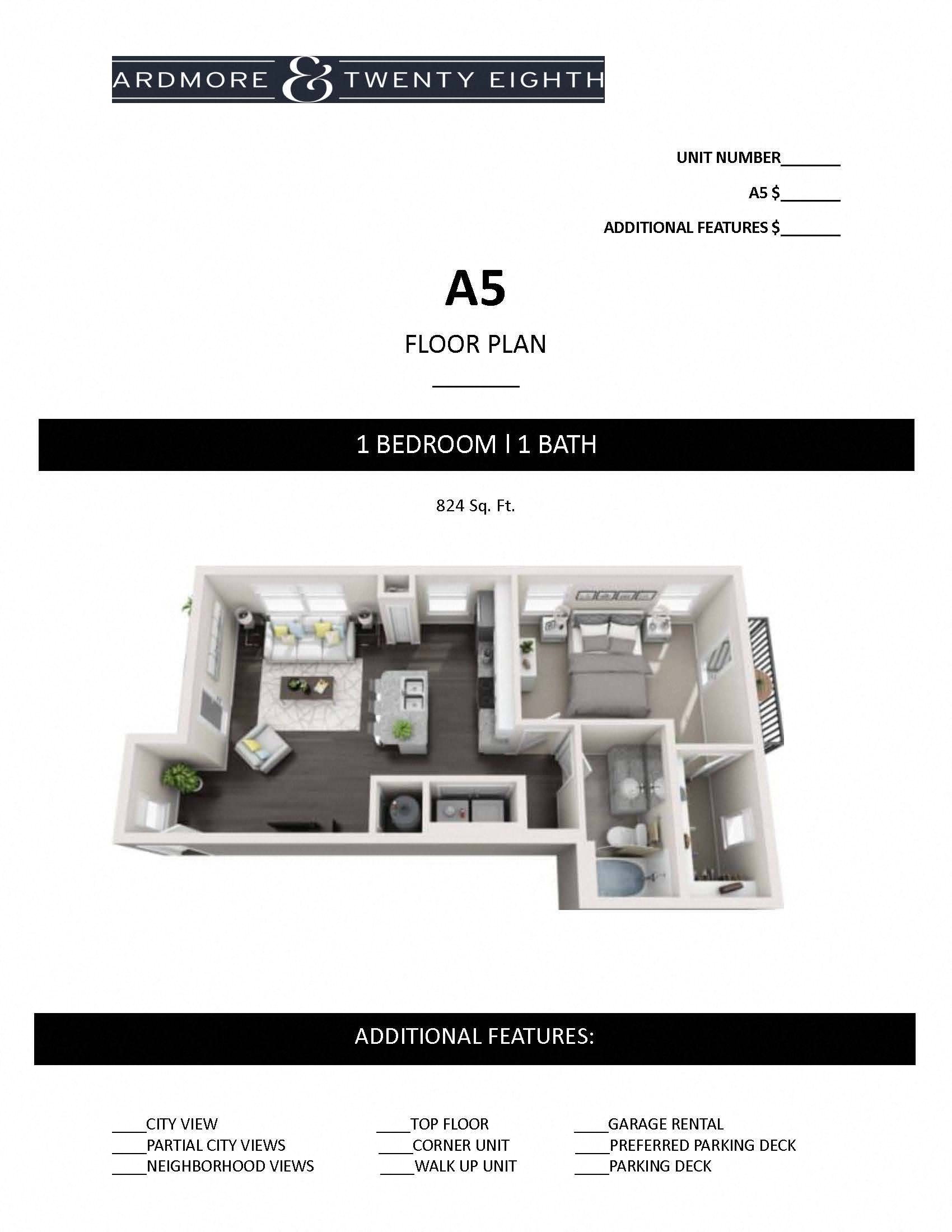 Floor plan for 1 bed, 1 bath, 824 sqft